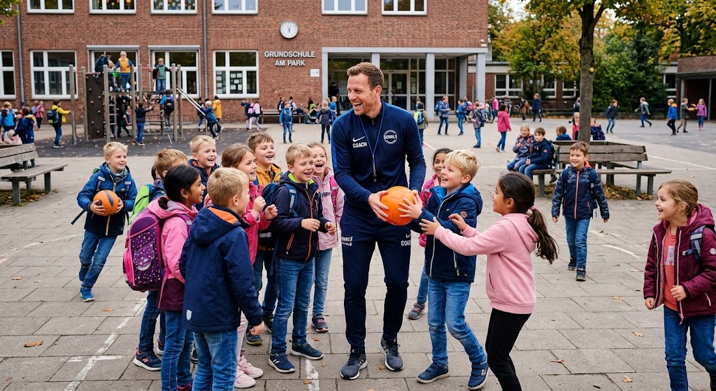 Coach beim Workshop mit Grundschulkindern auf dem Schulhof