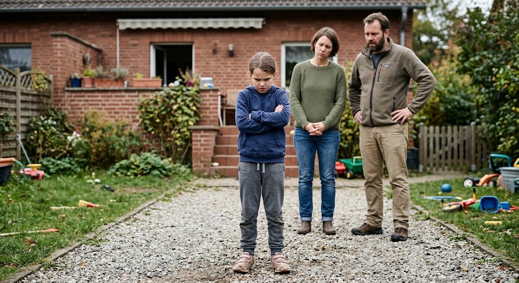 Wütendes Mädchen mit verschränkten Armen, Eltern stehen ratlos daneben
